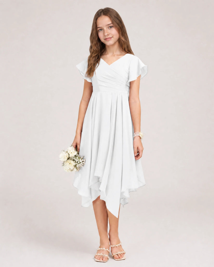 White Chiffon A-line Junior Bridesmaid Dress Front View