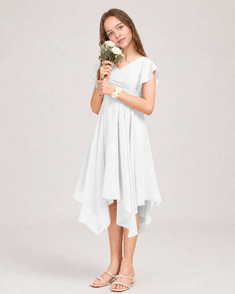 White Chiffon A-line Junior Bridesmaid Dress Front View