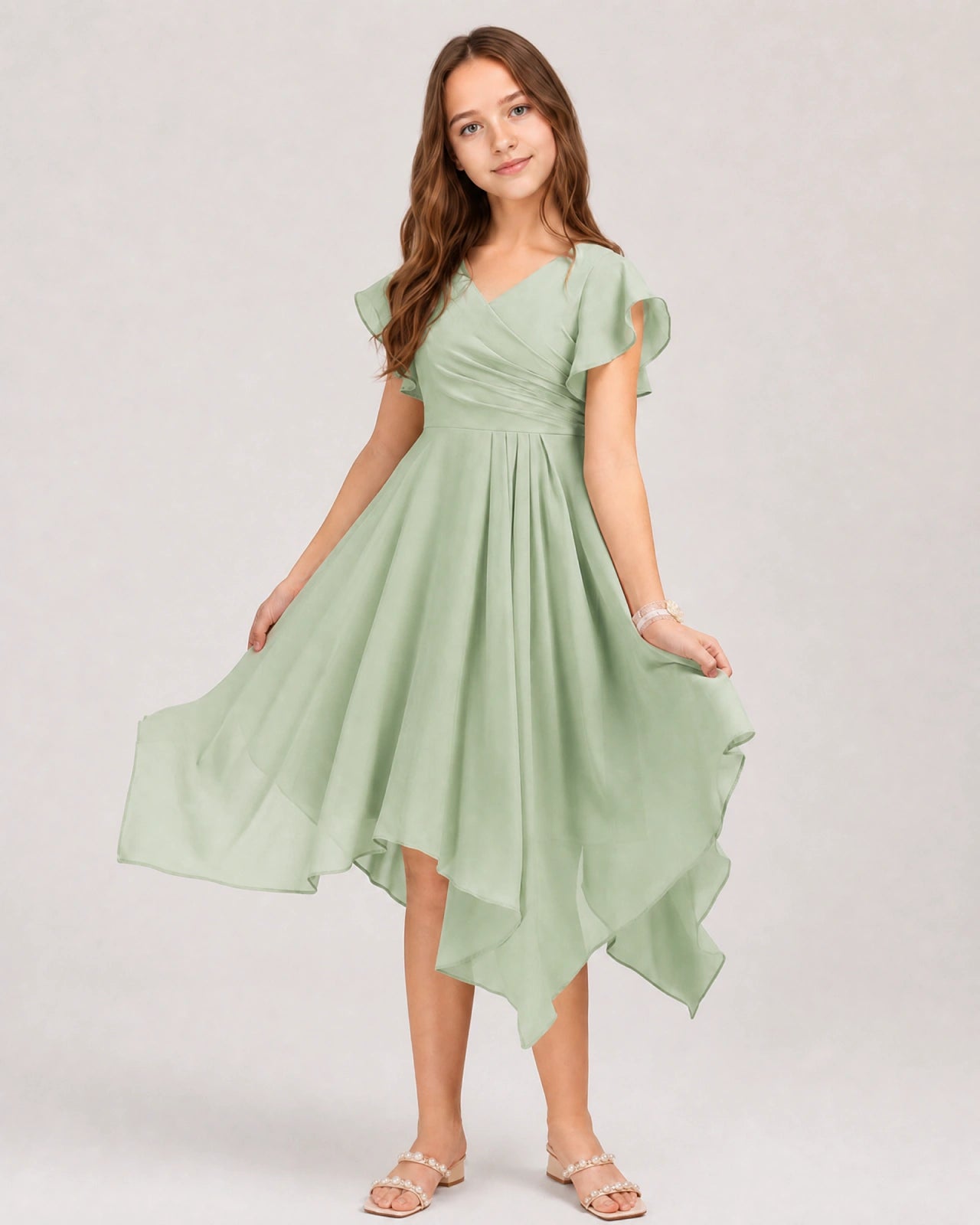 Agave Front Chiffon Short Junior Bridesmaid Dress