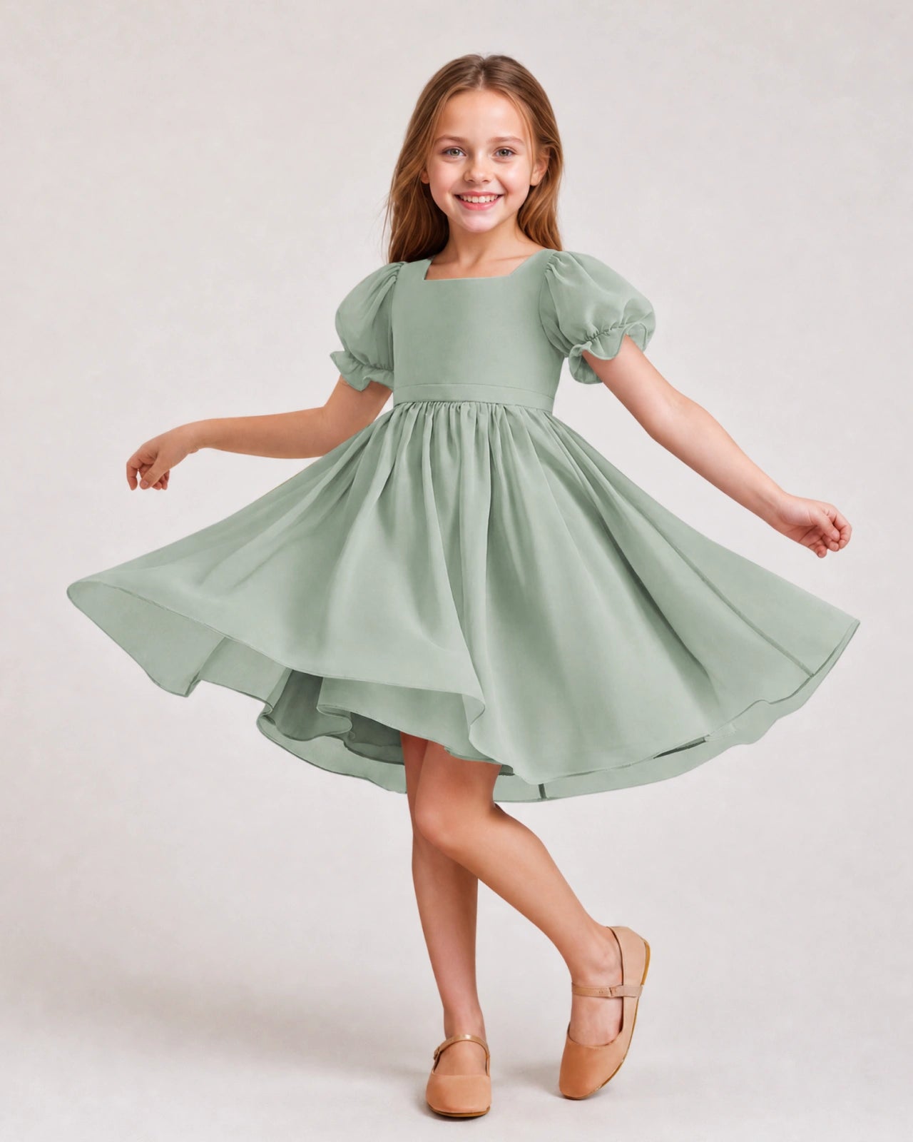 Dideyttawl Sage Green Chiffon Puff Sleeve Knee Length Flower Girl Dress Bow Back Junior Bridesmaid Dress