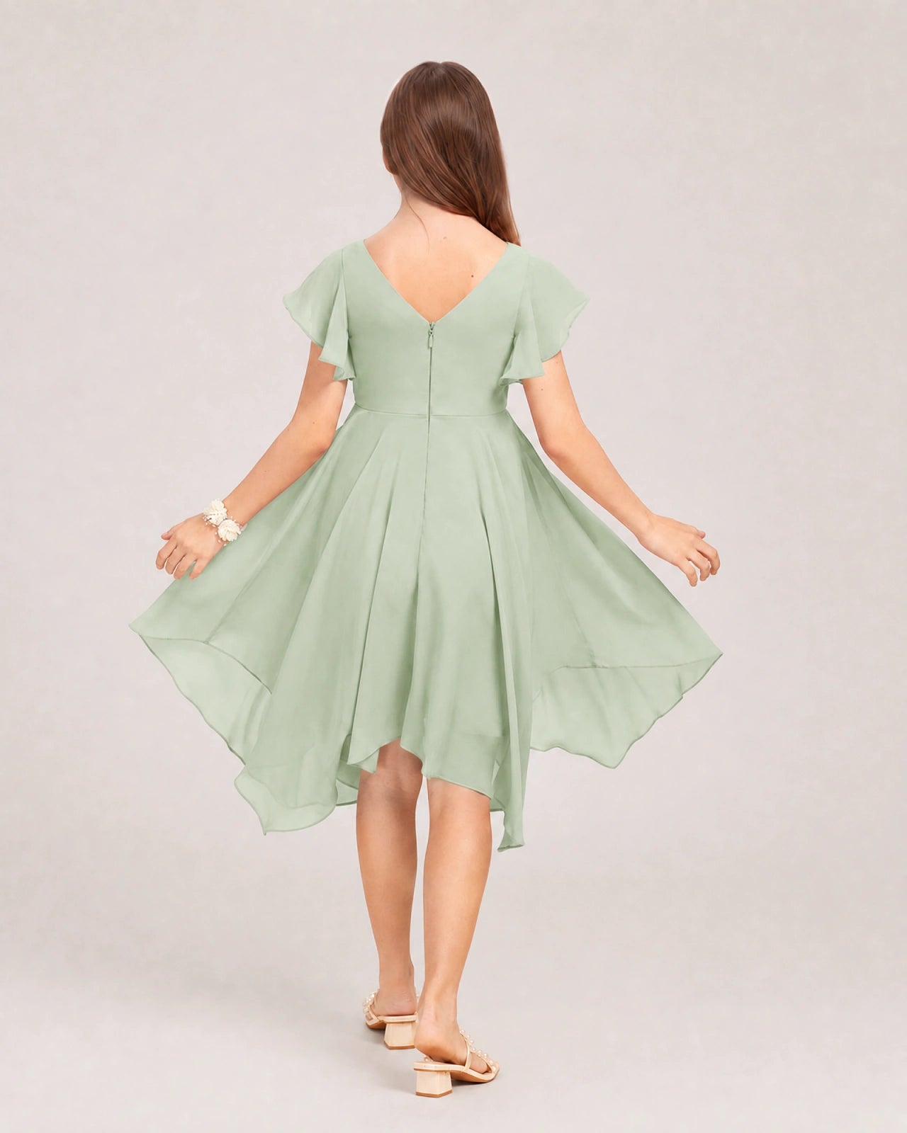 Agave Back Chiffon Short Junior Bridesmaid Dress
