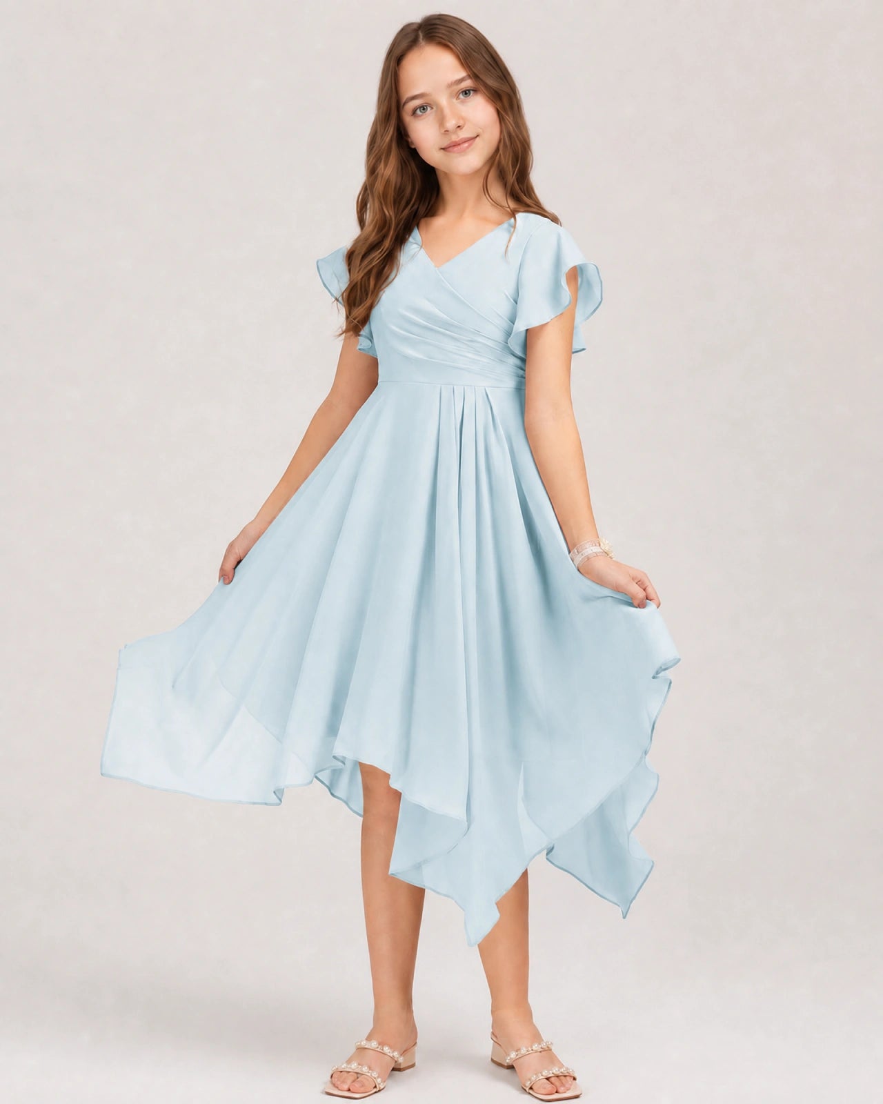 Baby Blue Front Chiffon Short Junior Bridesmaid Dress