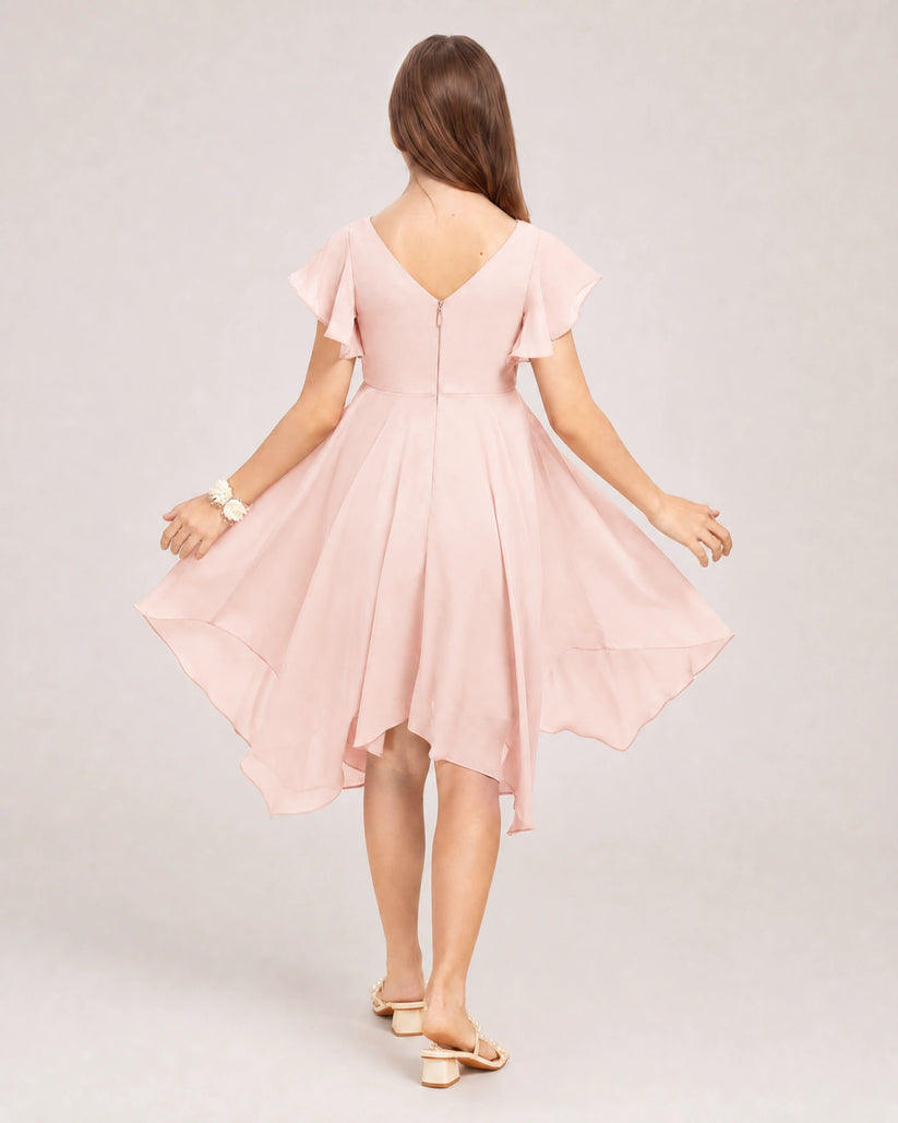 Blush Pink Chiffon A-line Junior Bridesmaid Dress Back View