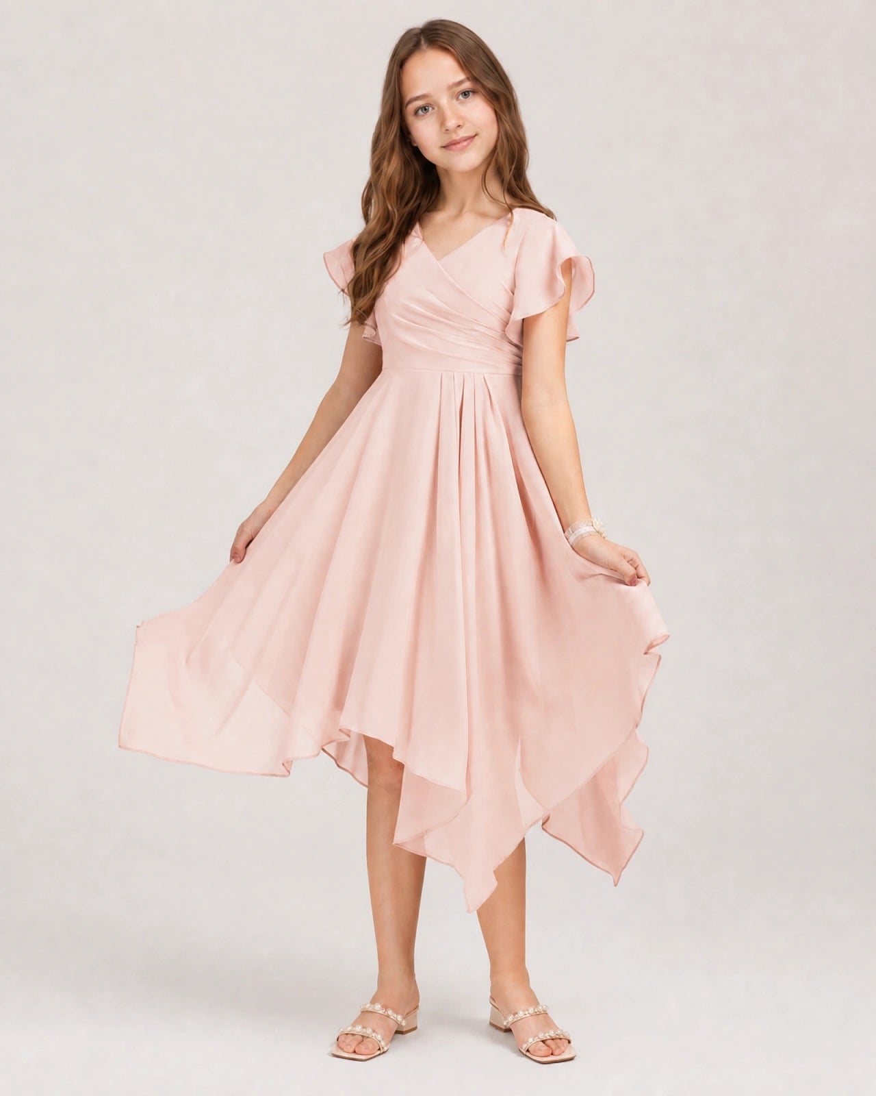 Blush Pink Front Chiffon Short Junior Bridesmaid Dress