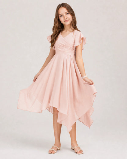 Blush Pink Front Chiffon Short Junior Bridesmaid Dress