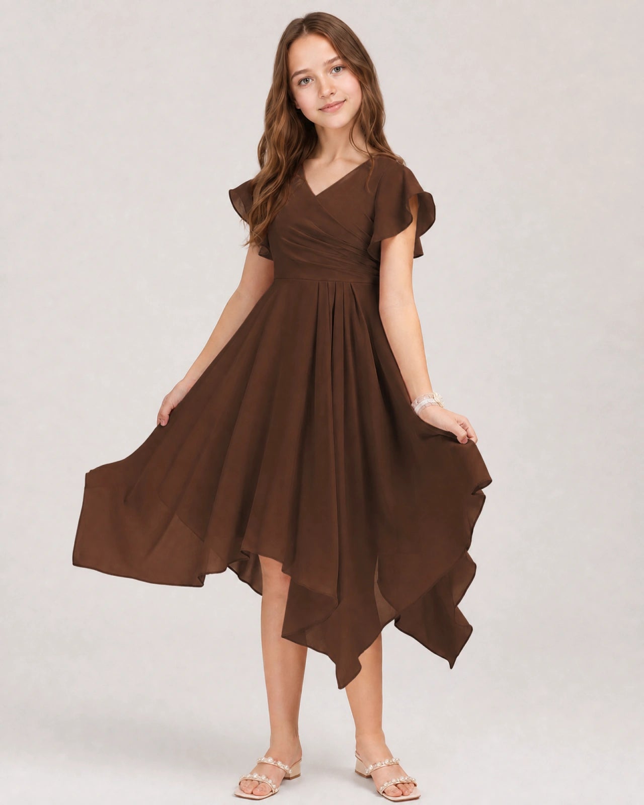 Brown Front Chiffon Short Junior Bridesmaid Dress