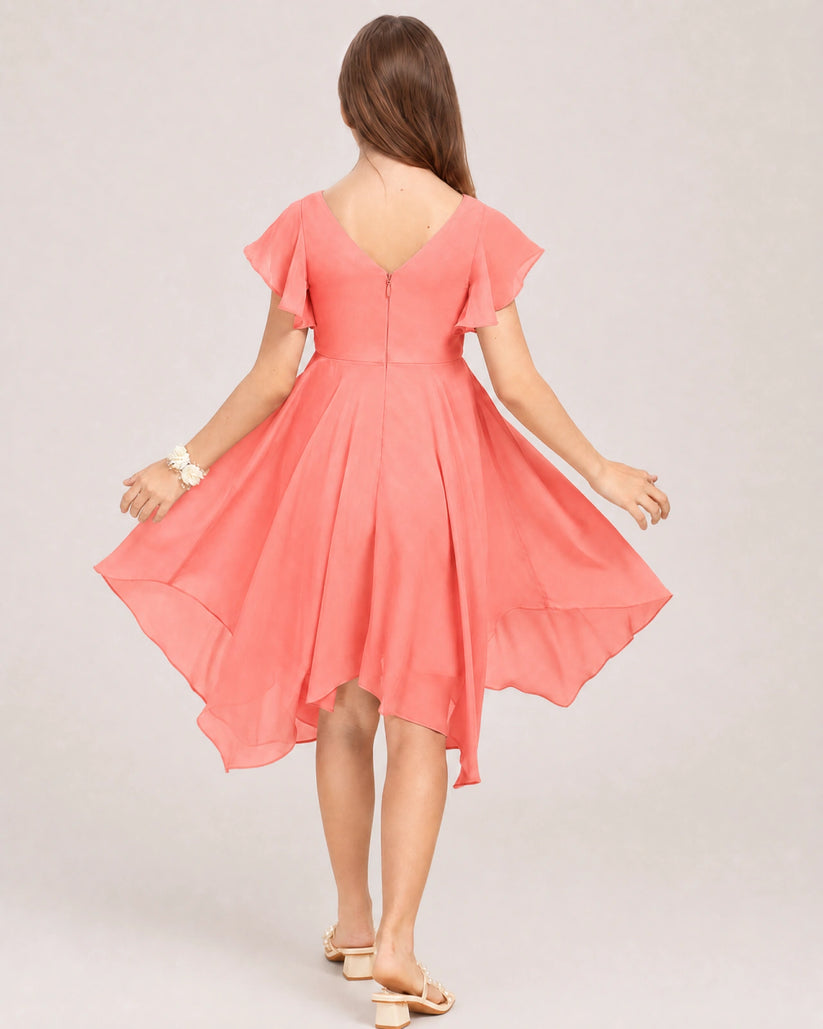 Coral Chiffon A-line Junior Bridesmaid Dress Back View