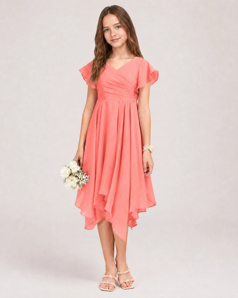 Coral Chiffon A-line Junior Bridesmaid Dress Front View
