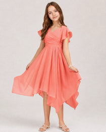 Coral Front Chiffon Short Junior Bridesmaid Dress