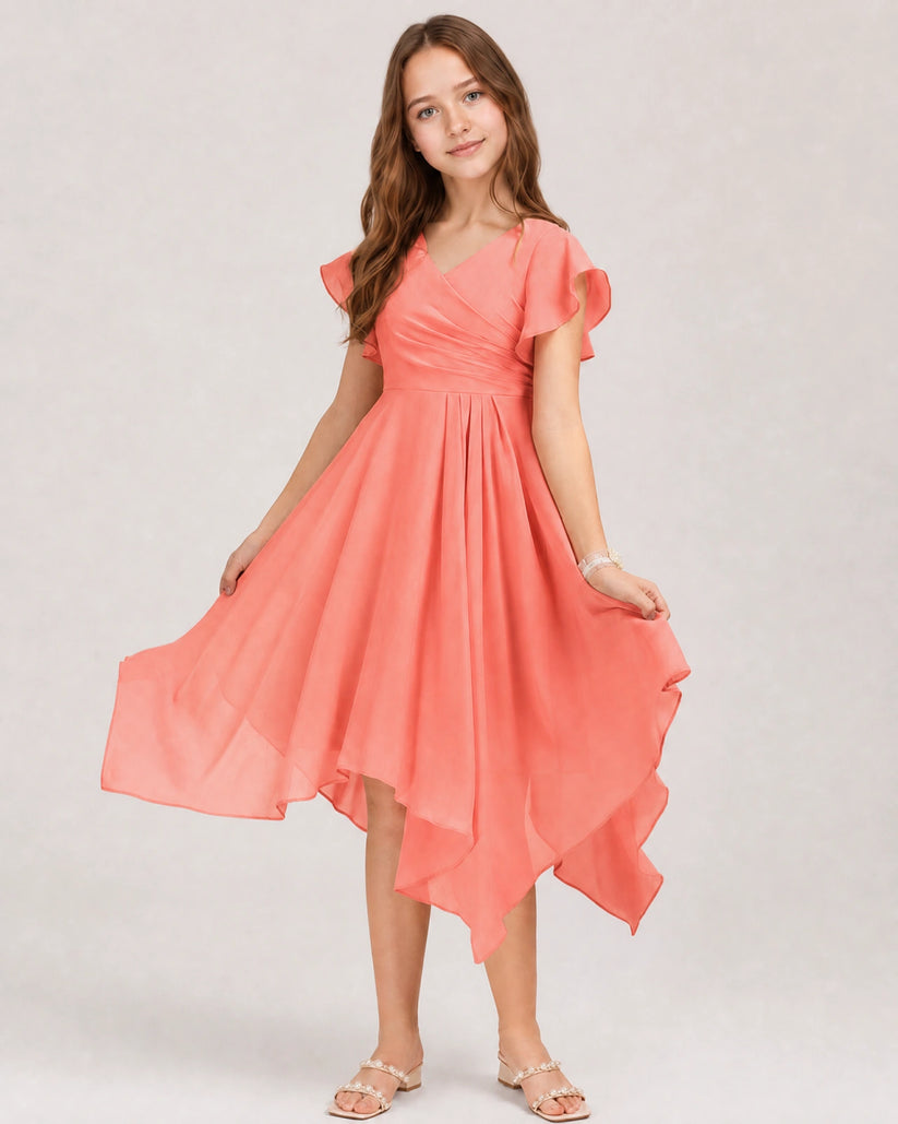 Coral Chiffon A-line Junior Bridesmaid Dress Front View