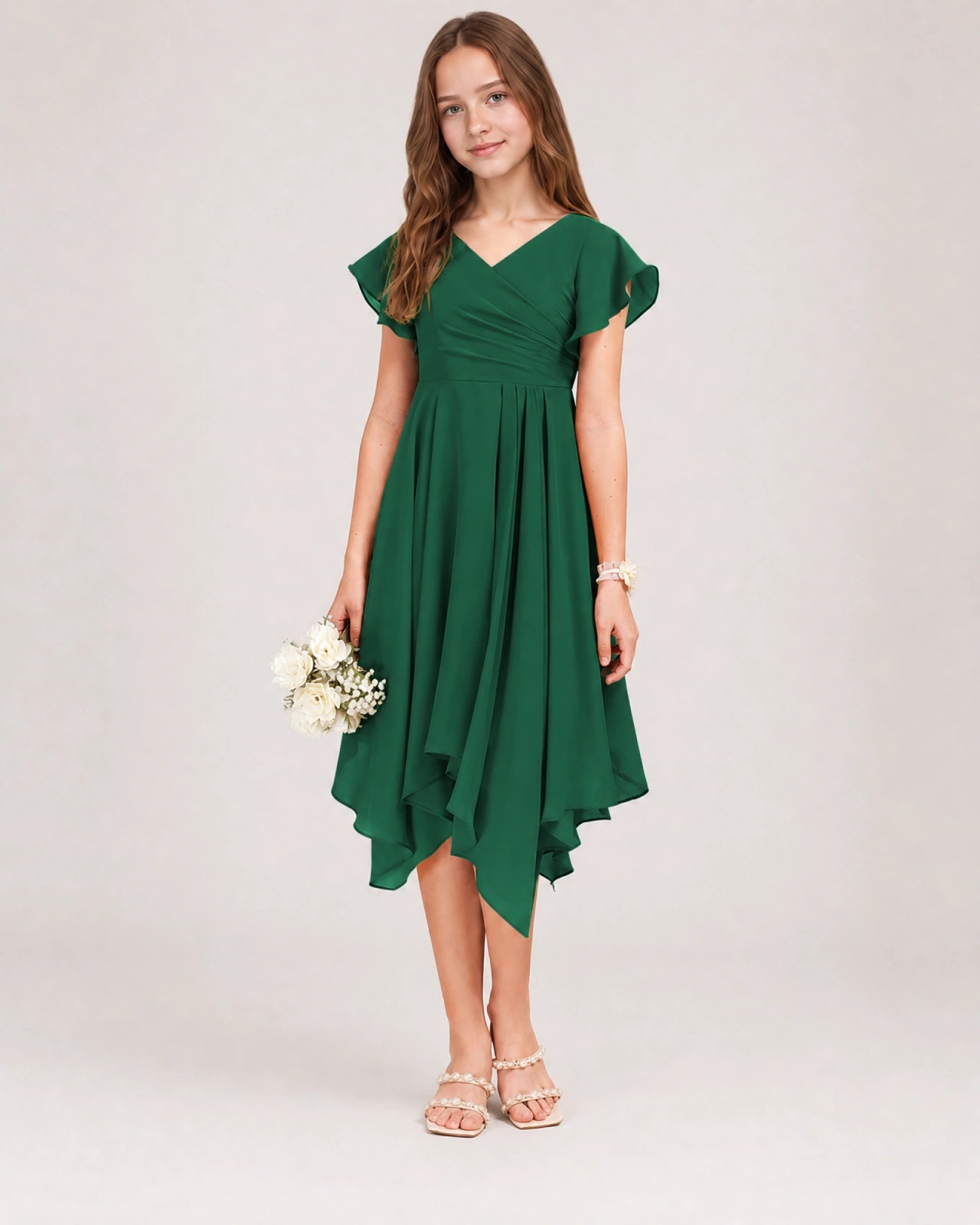 Dark Green Front Chiffon Short Junior Bridesmaid Dress