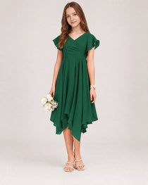 Dark Green Front Chiffon Short Junior Bridesmaid Dress