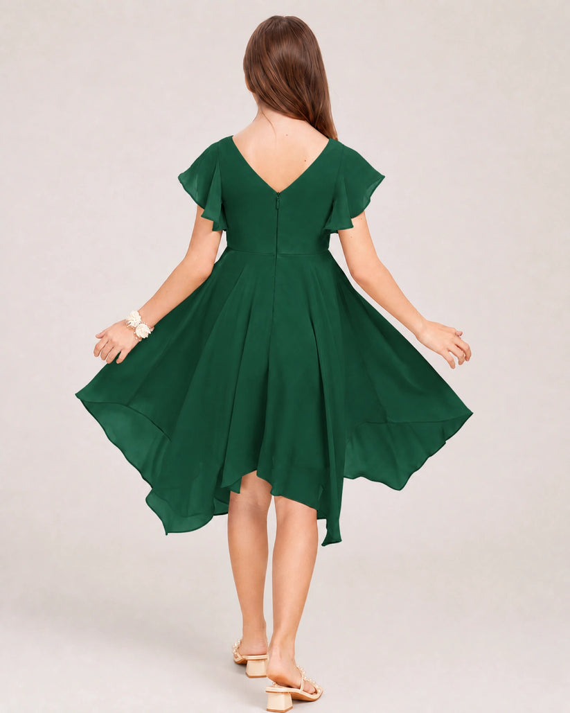 Dark Green Chiffon A-line Junior Bridesmaid Dress Back View