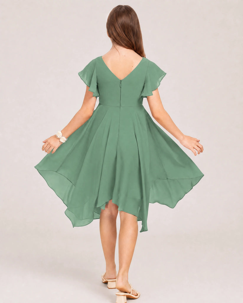 Eucalyptus Chiffon A-line Junior Bridesmaid Dress Back View
