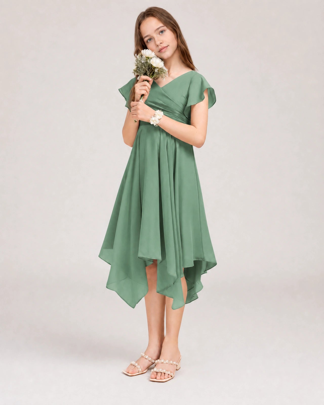 Eucalyptus Back Chiffon Short Junior Bridesmaid Dress