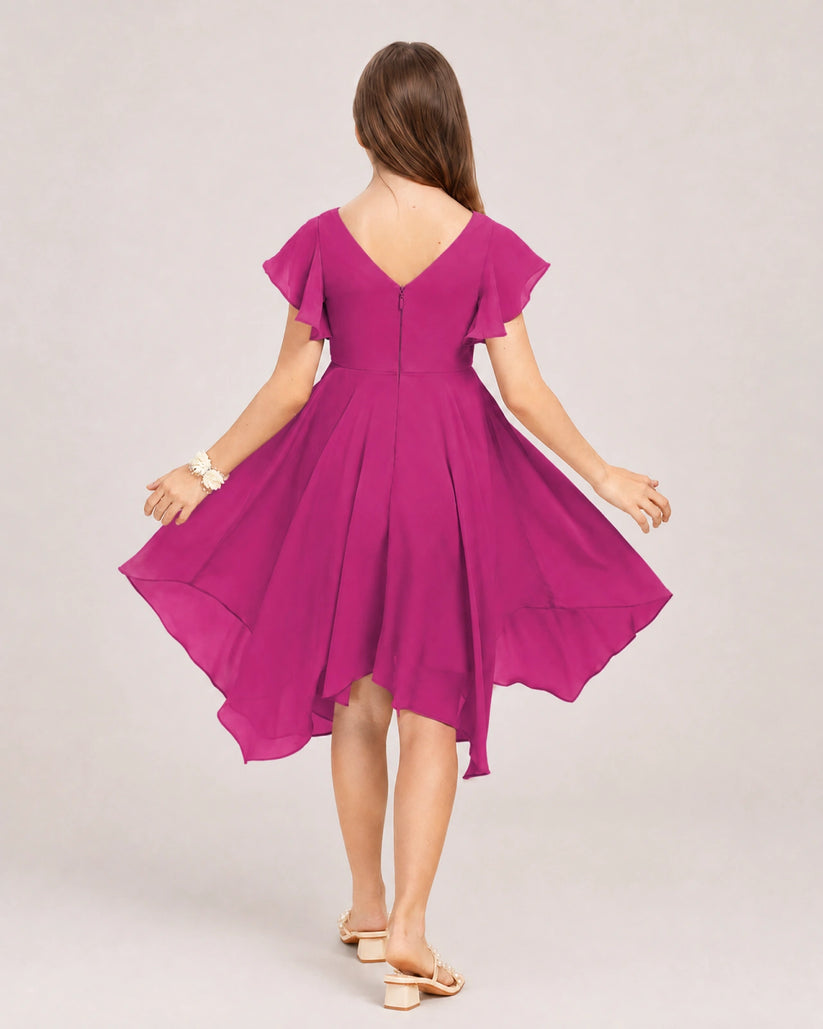 Fuchsia Chiffon A-line Junior Bridesmaid Dress Back View