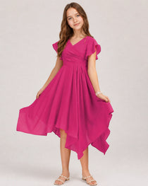 Hot Pink Front Chiffon Short Junior Bridesmaid Dress