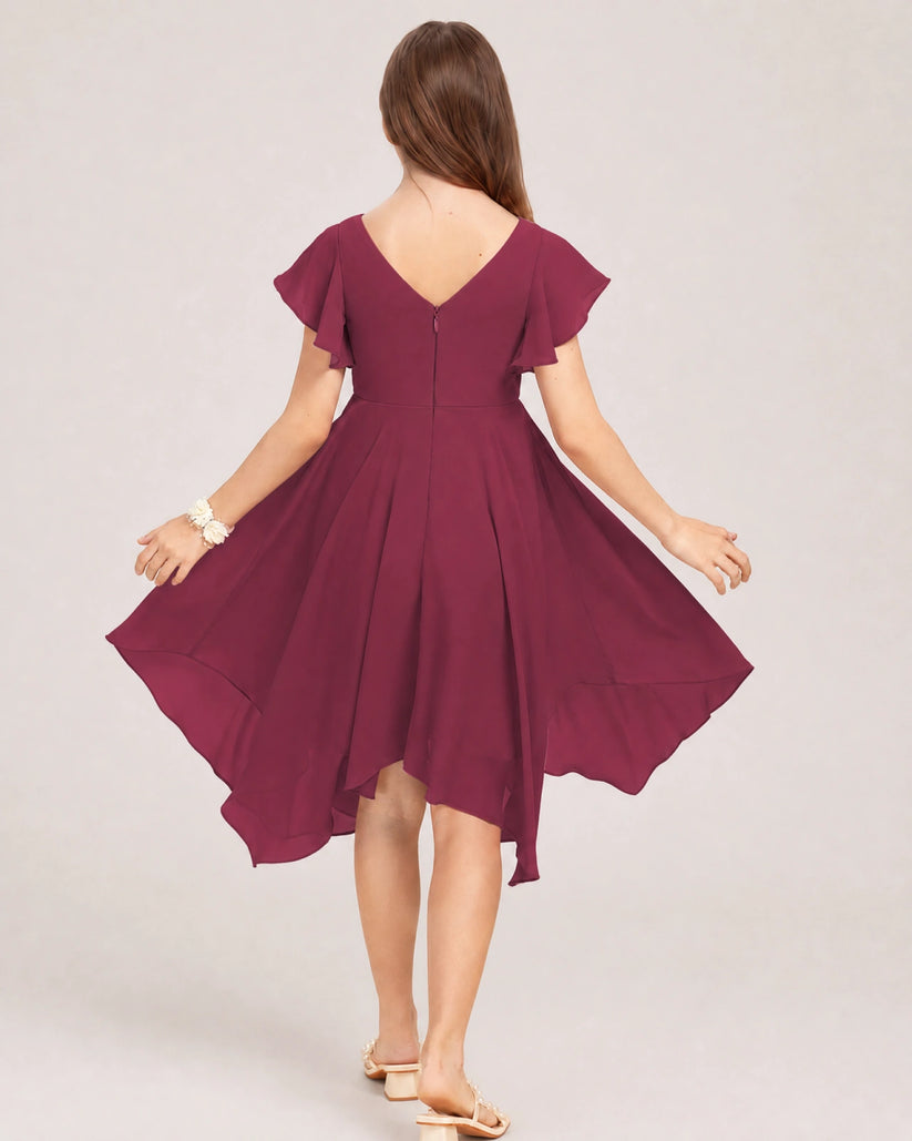 Mulberry Chiffon A-line Junior Bridesmaid Dress Back View