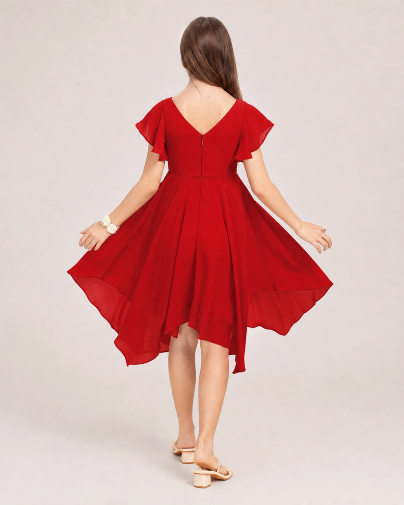 Red Chiffon A-line Junior Bridesmaid Dress Back View