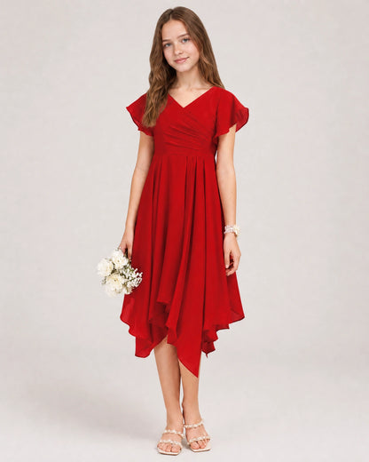 Red Front Chiffon Short Junior Bridesmaid Dress