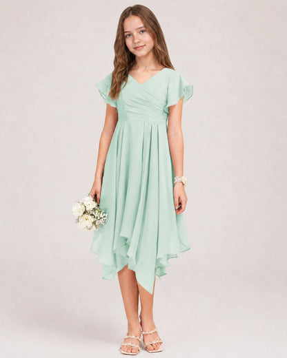 Sea Glass Front Chiffon Short Junior Bridesmaid Dress