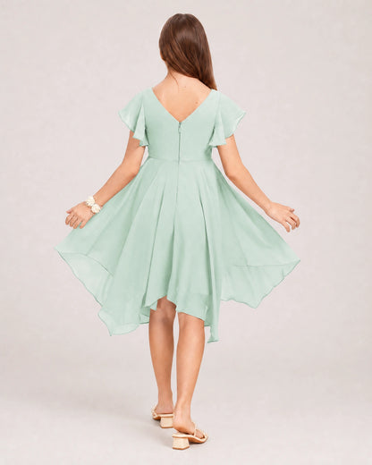 Sea Glass Back Chiffon Short Junior Bridesmaid Dress