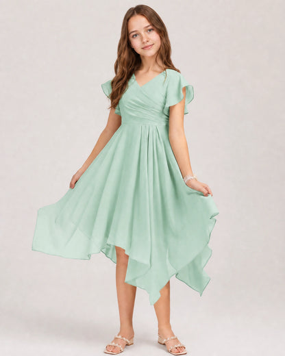 Sea Glass Front Chiffon Short Junior Bridesmaid Dress