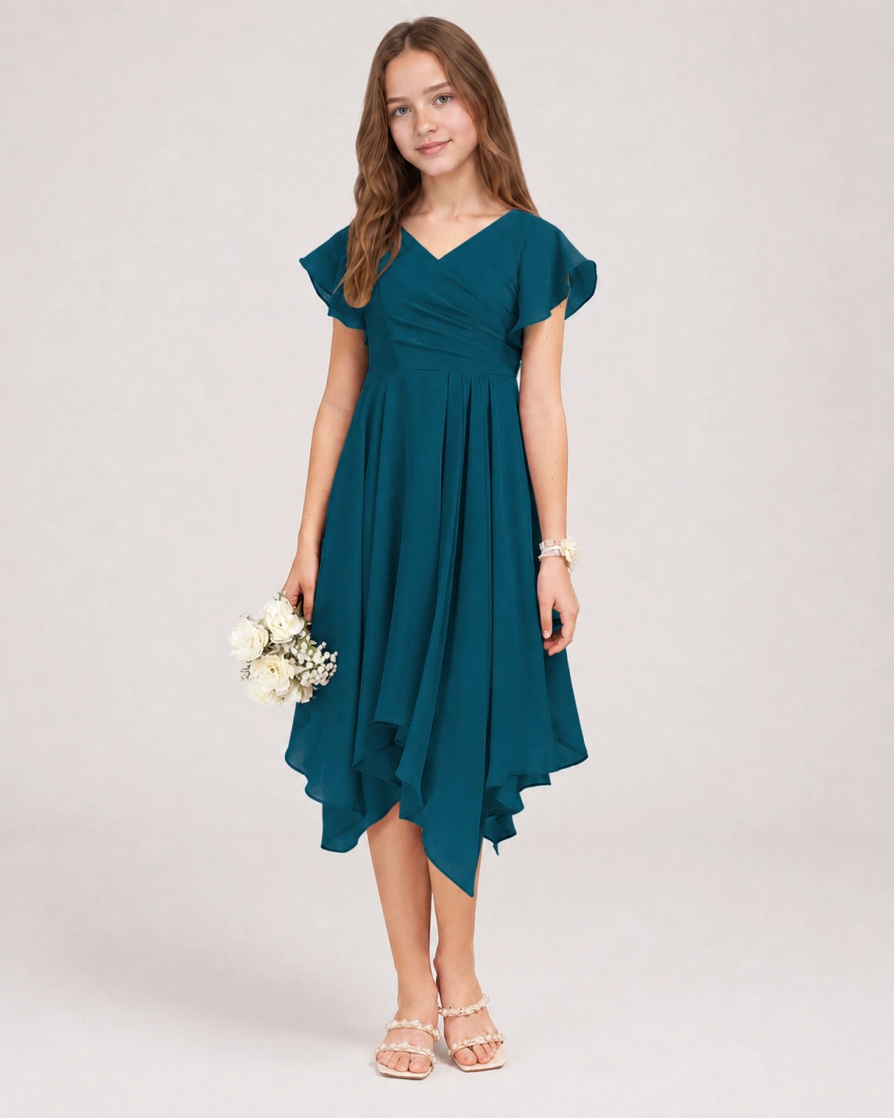 Teal Front Chiffon Short Junior Bridesmaid Dress