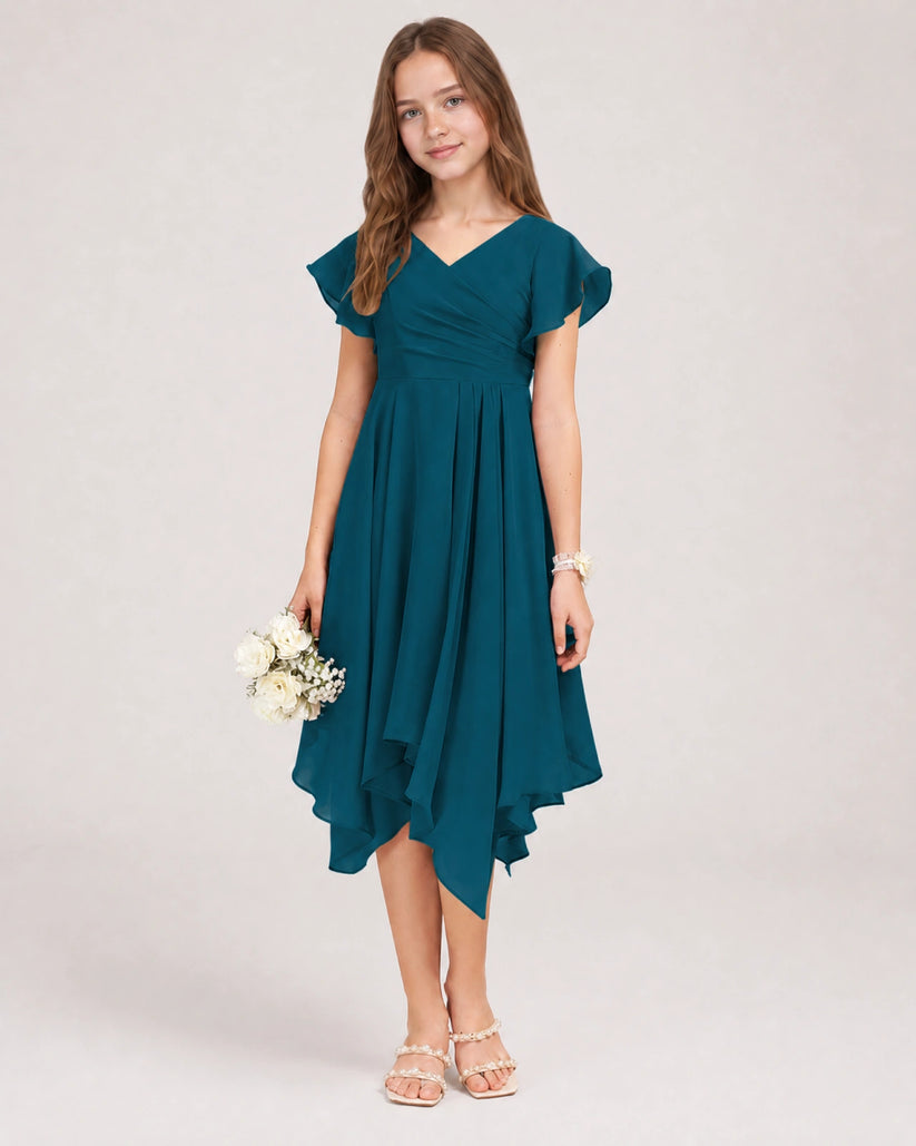 Teal Chiffon A-line Junior Bridesmaid Dress Front View