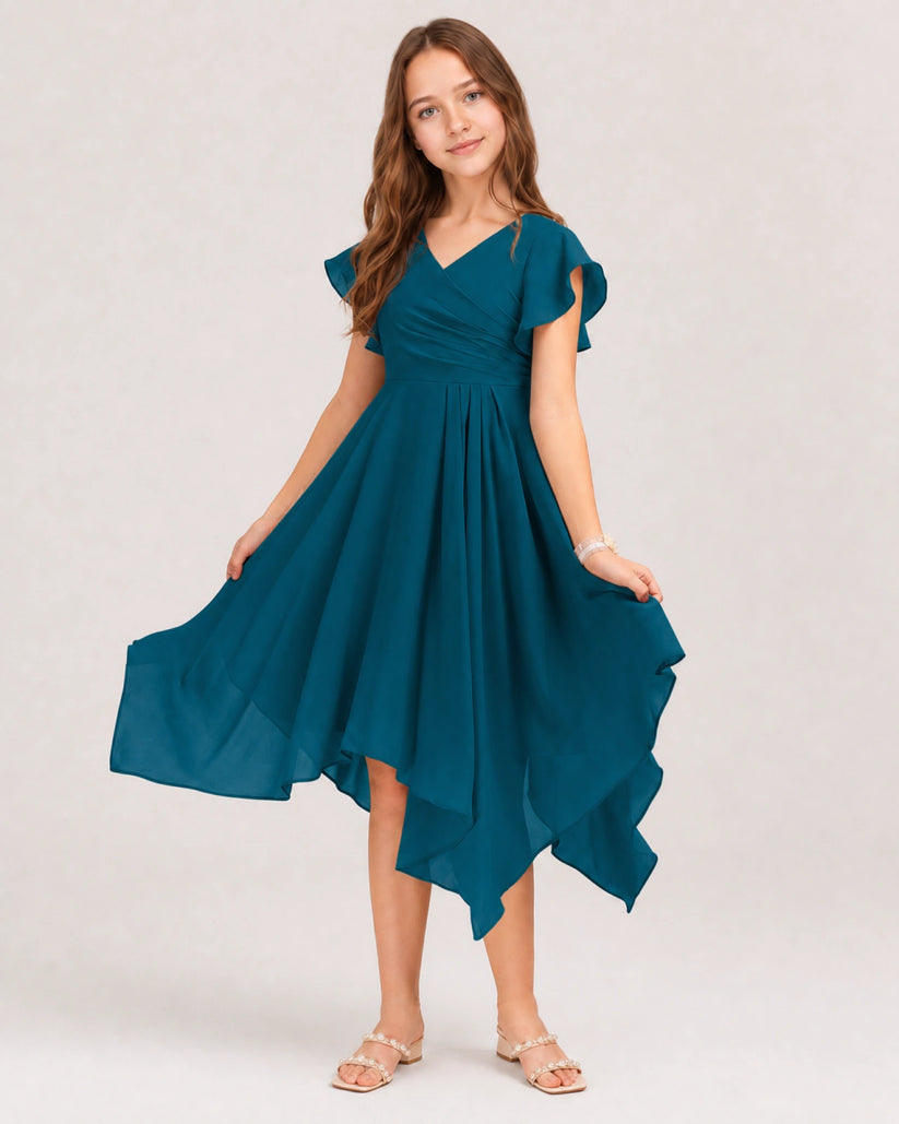 Teal Chiffon A-line Junior Bridesmaid Dress Front View