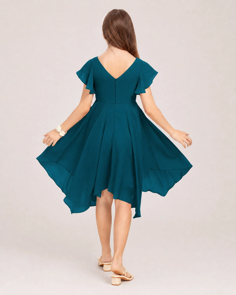 Teal Chiffon A-line Junior Bridesmaid Dress Back View