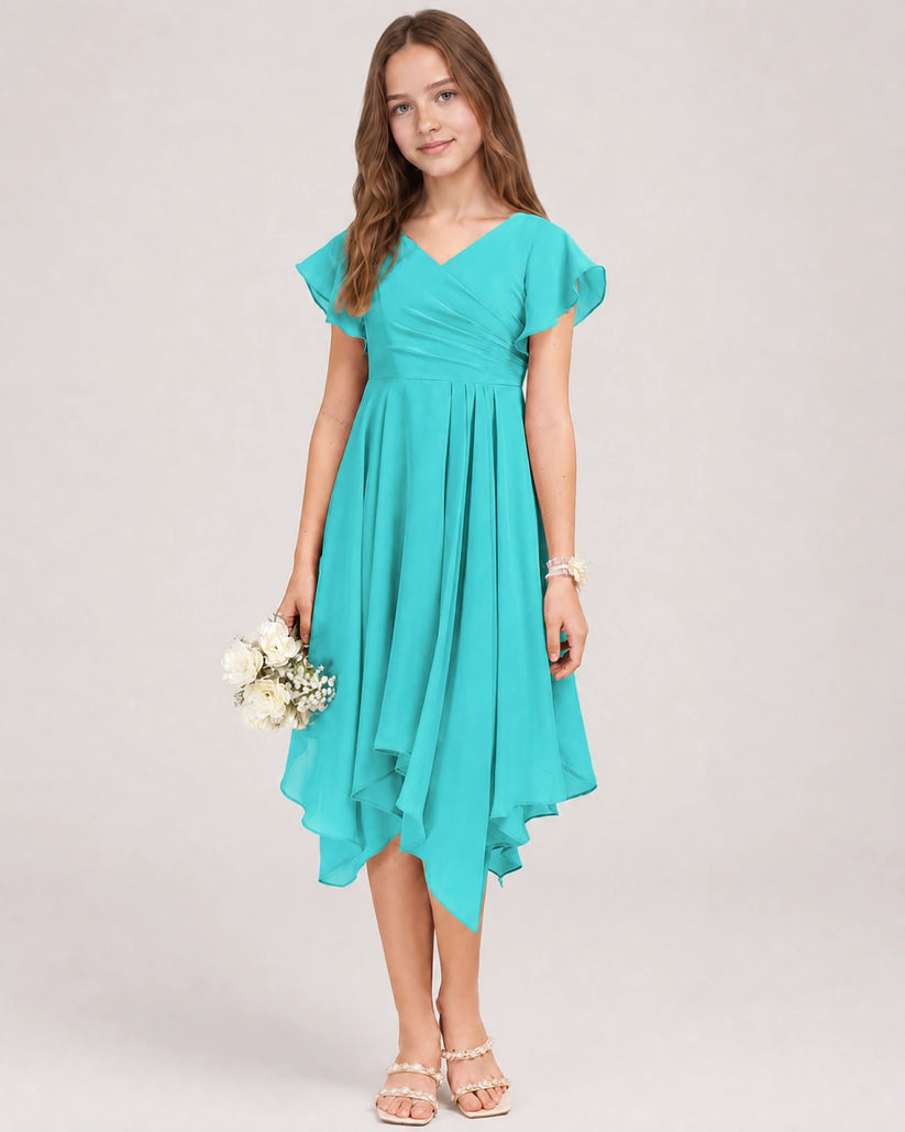 Turquoise Chiffon A-line Junior Bridesmaid Dress Front View