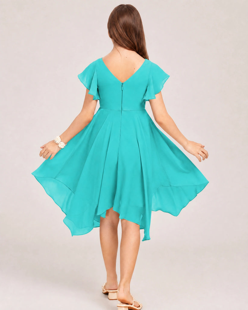Turquoise Chiffon A-line Junior Bridesmaid Dress Back View