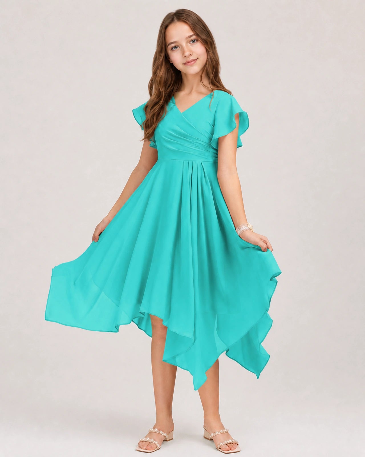 Turquoise Front Chiffon Short Junior Bridesmaid Dress