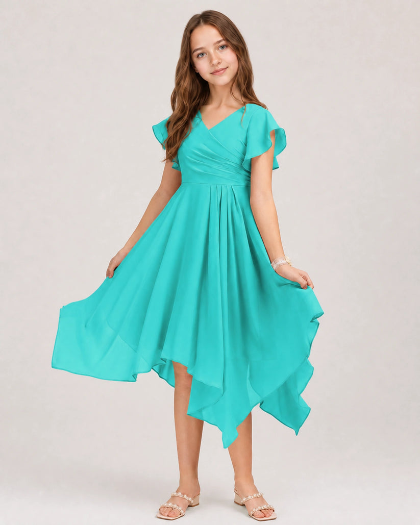 Turquoise Chiffon A-line Junior Bridesmaid Dress Front View