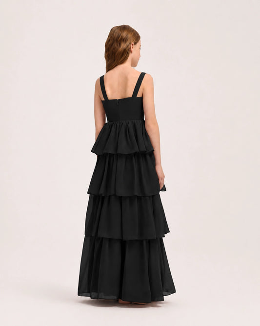 Black Chiffon A-line Junior Bridesmaid Dress Back View
