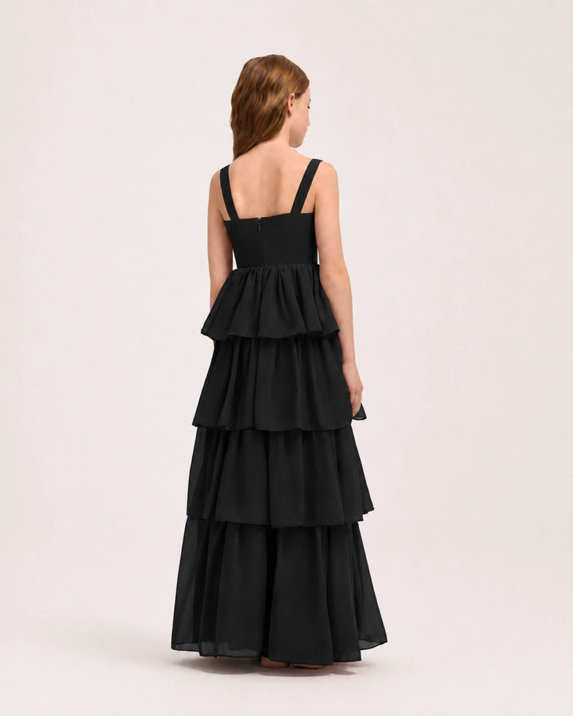 Black Chiffon A-line Junior Bridesmaid Dress Back View