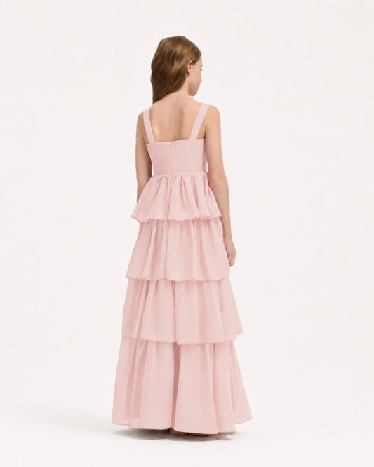 Blush Pink Chiffon Tiered Junior Bridesmaid Dress Back View
