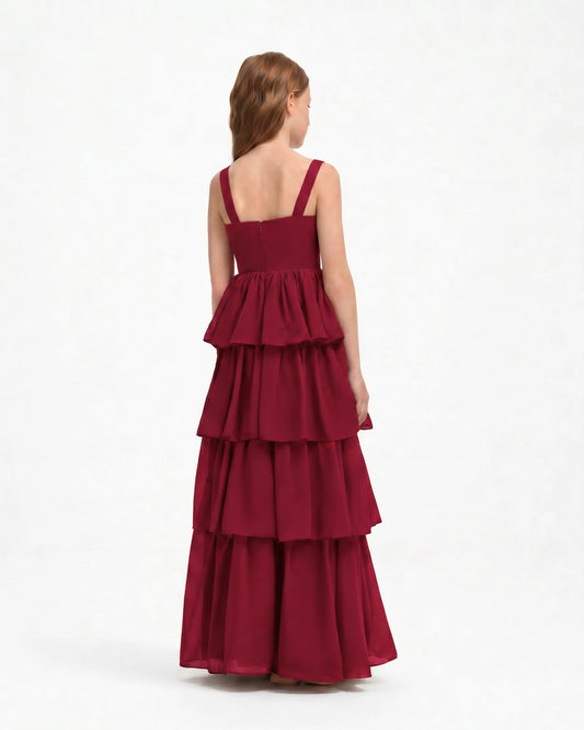 Burgundy Chiffon A-line Junior Bridesmaid Dress Back View