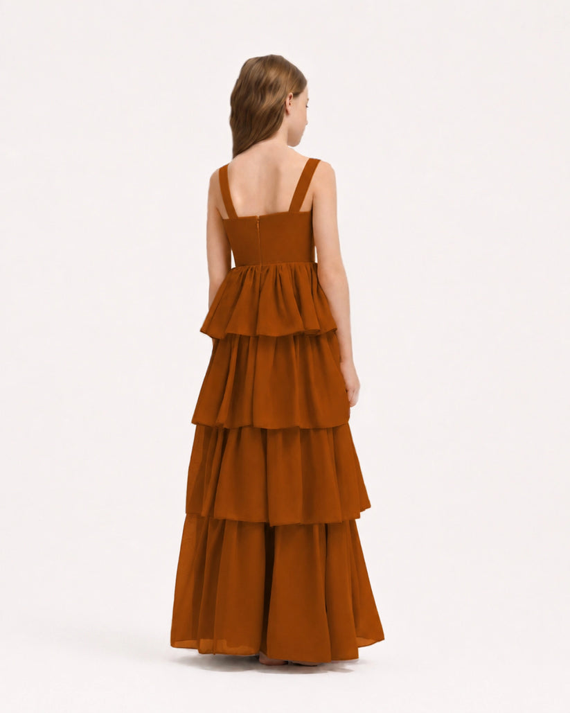 Burnt Orange Chiffon Tiered A-line Junior Bridesmaid Dress Back View