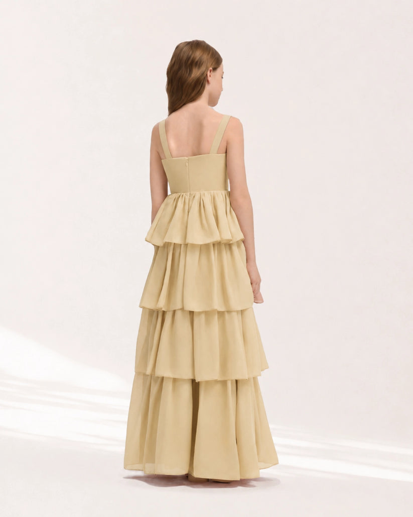 Champagne Chiffon Tiered Junior Bridesmaid Dress Back View