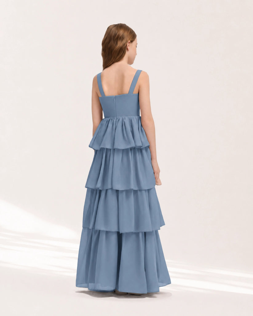Dusty Blue Chiffon A-line Junior Bridesmaid Dress Back View