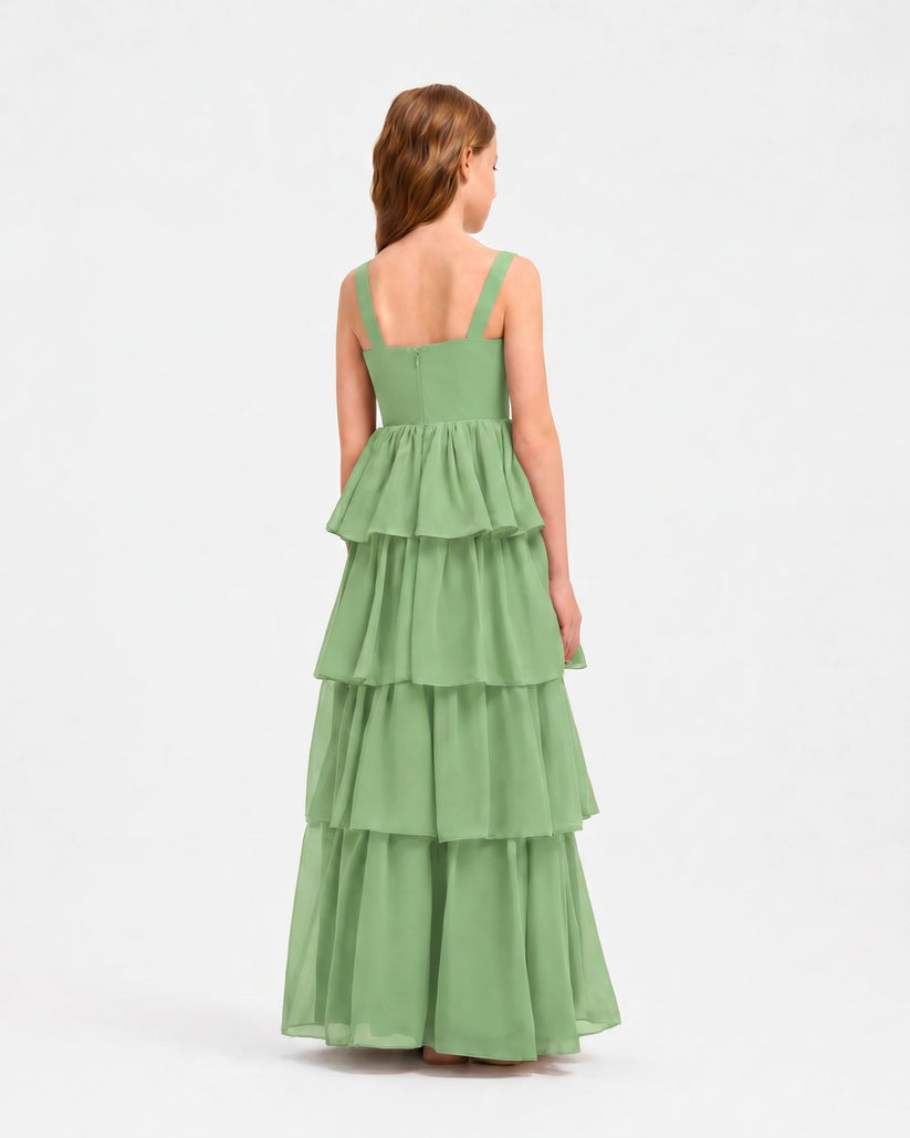 Sage Green Chiffon A-line Junior Bridesmaid Dress Back View