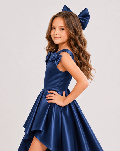 dideyttawl High-Low Junior Bridesmaid Dresses for Girls Pleated Satin A-Line Bow Straps Pageant Formal Party Dress 2536