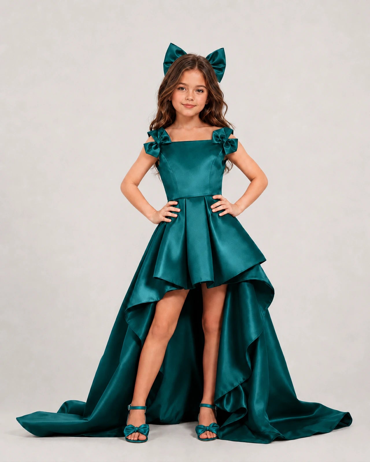 dideyttawl High-Low Junior Bridesmaid Dresses for Girls Pleated Satin A-Line Bow Straps Pageant Formal Party Dress 2536