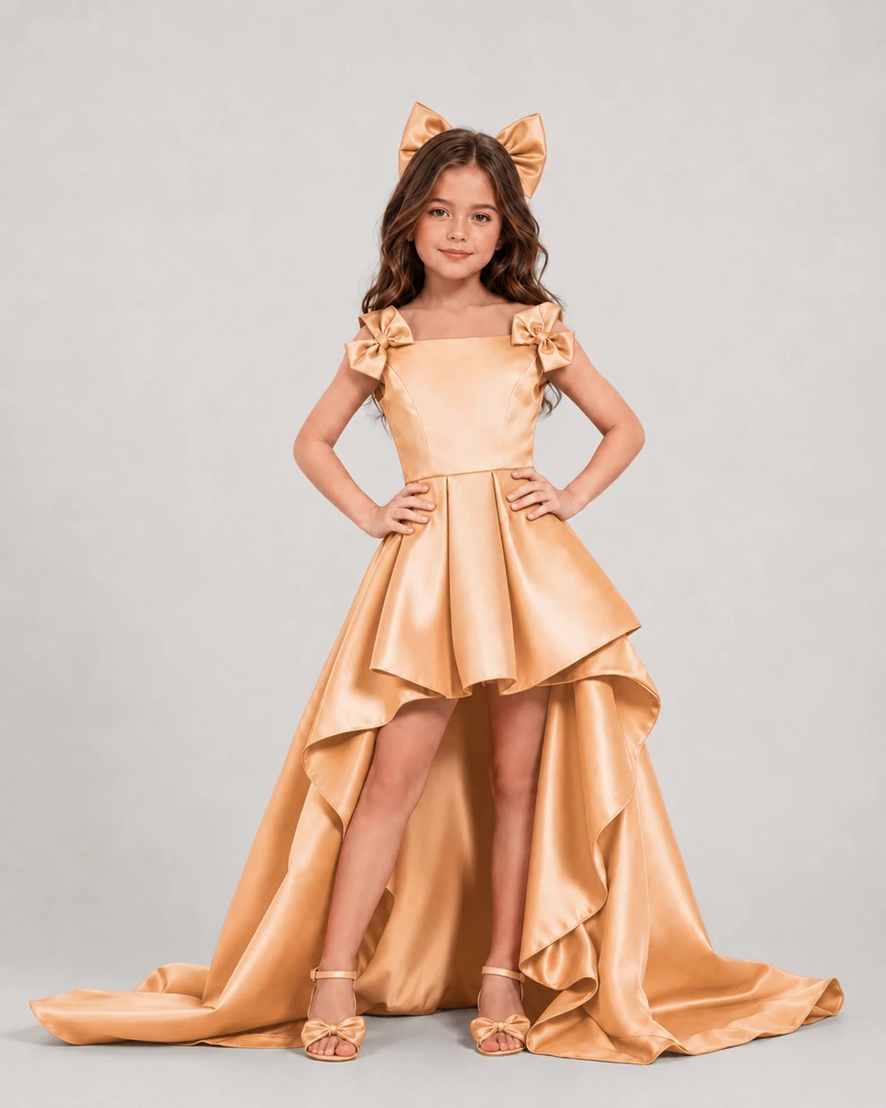 dideyttawl High-Low Junior Bridesmaid Dresses for Girls Pleated Satin A-Line Bow Straps Pageant Formal Party Dress 2536