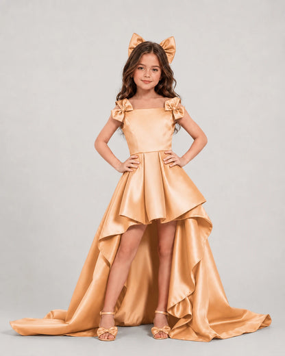 dideyttawl High-Low Junior Bridesmaid Dresses for Girls Pleated Satin A-Line Bow Straps Pageant Formal Party Dress 2536