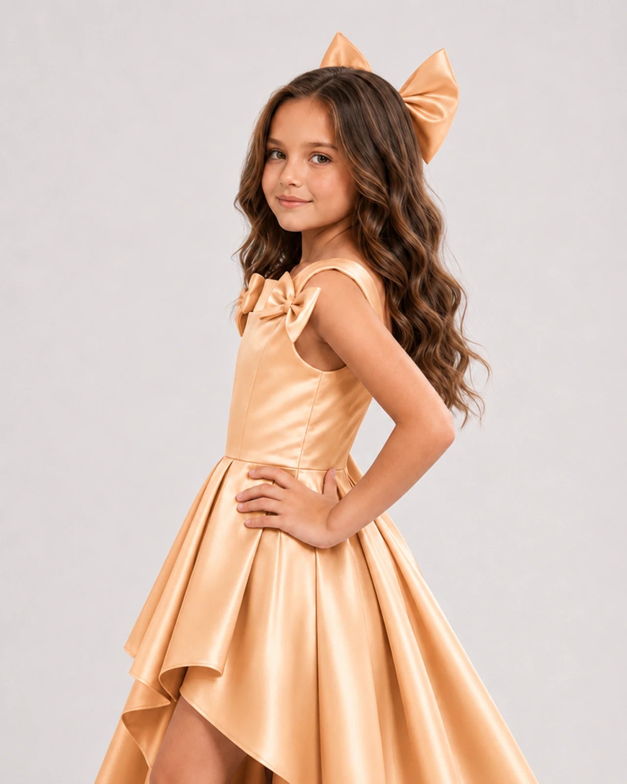 dideyttawl High-Low Junior Bridesmaid Dresses for Girls Pleated Satin A-Line Bow Straps Pageant Formal Party Dress 2536