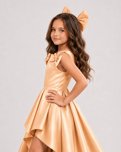 dideyttawl High-Low Junior Bridesmaid Dresses for Girls Pleated Satin A-Line Bow Straps Pageant Formal Party Dress 2536