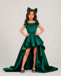dideyttawl High-Low Girls Formal Dress for Girls Pleated Satin A-Line Bow Straps Pageant Formal Party Dress 2536